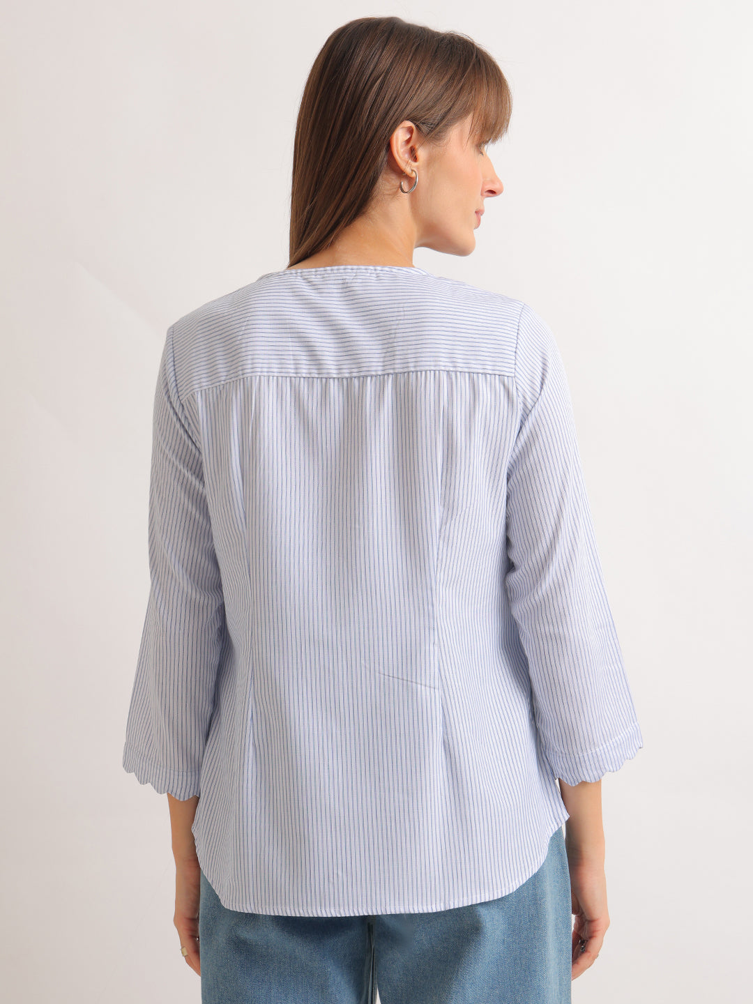 Hancock   Women   White & Blue   Stripes   Pure Cotton   Regular Fit   Formal   Shirt
