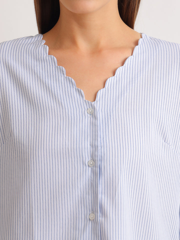 Hancock   Women   White & Blue   Stripes   Pure Cotton   Regular Fit   Formal   Shirt
