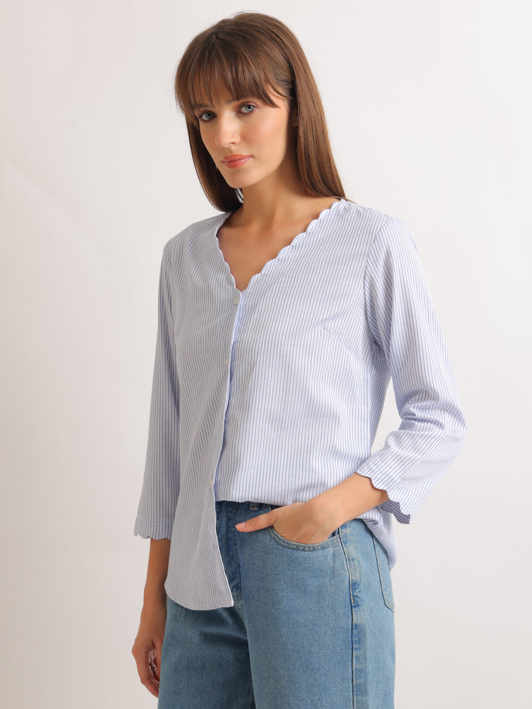 Hancock   Women   White & Blue   Stripes   Pure Cotton   Regular Fit   Formal   Shirt