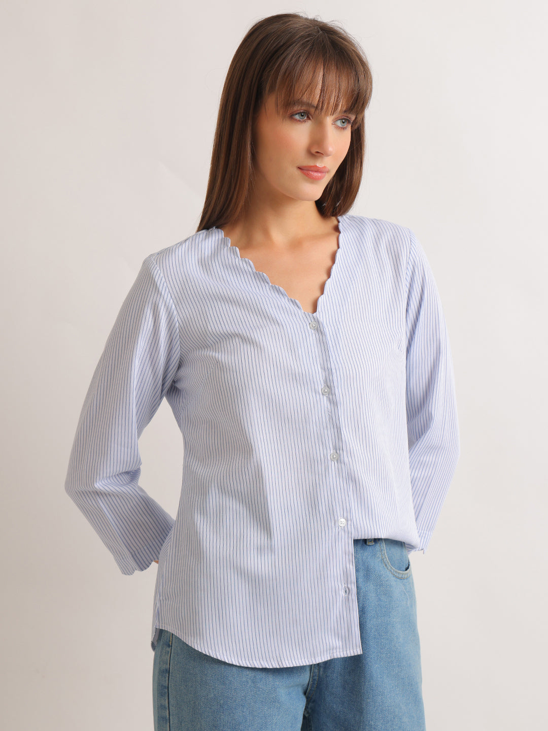 Hancock   Women   White & Blue   Stripes   Pure Cotton   Regular Fit   Formal   Shirt