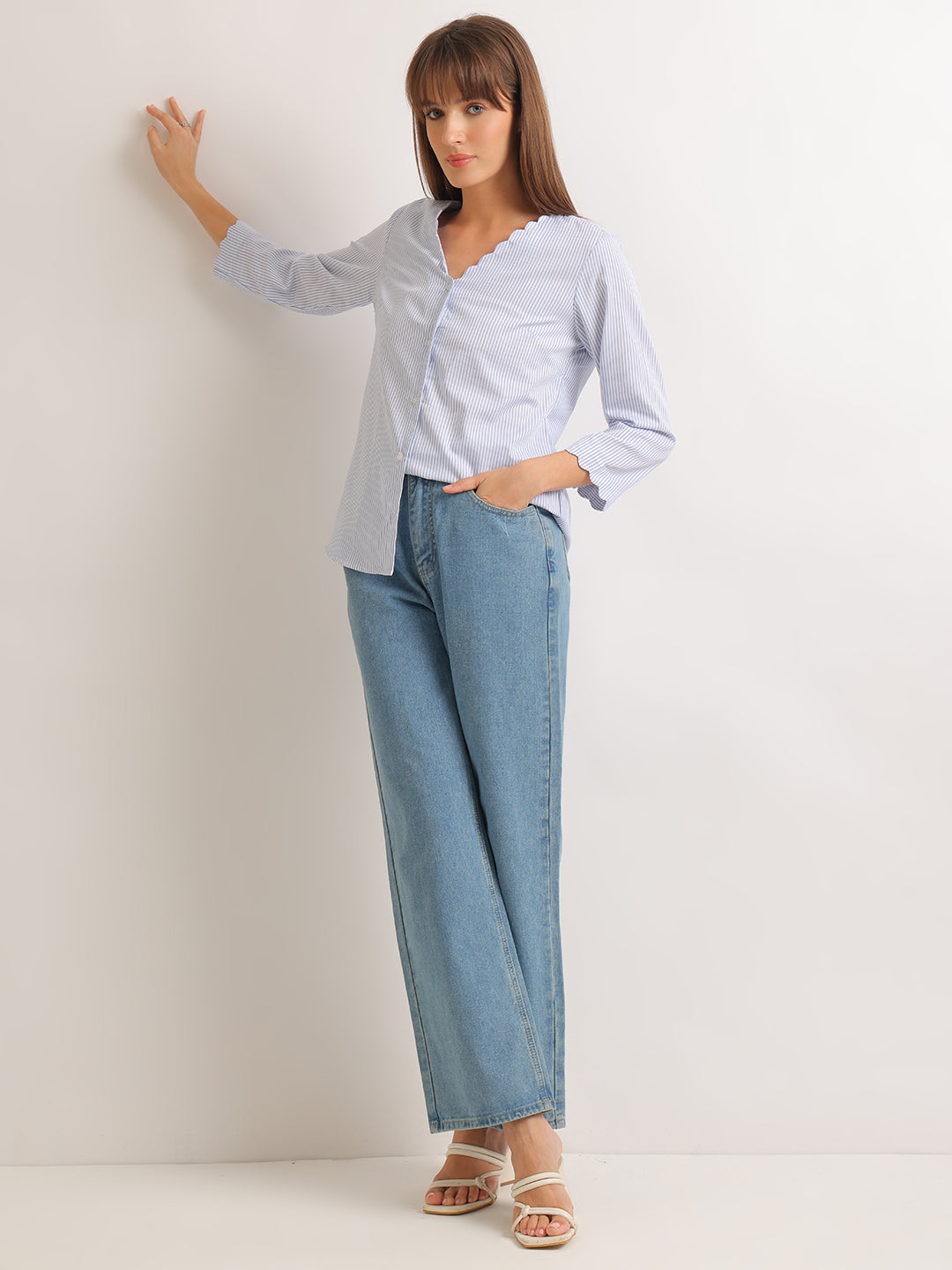 Hancock   Women   White & Blue   Stripes   Pure Cotton   Regular Fit   Formal   Shirt