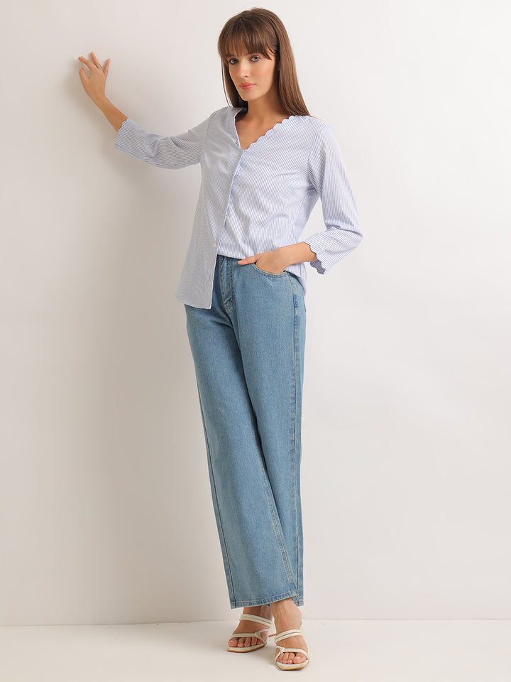 Hancock   Women   White & Blue   Stripes   Pure Cotton   Regular Fit   Formal   Shirt