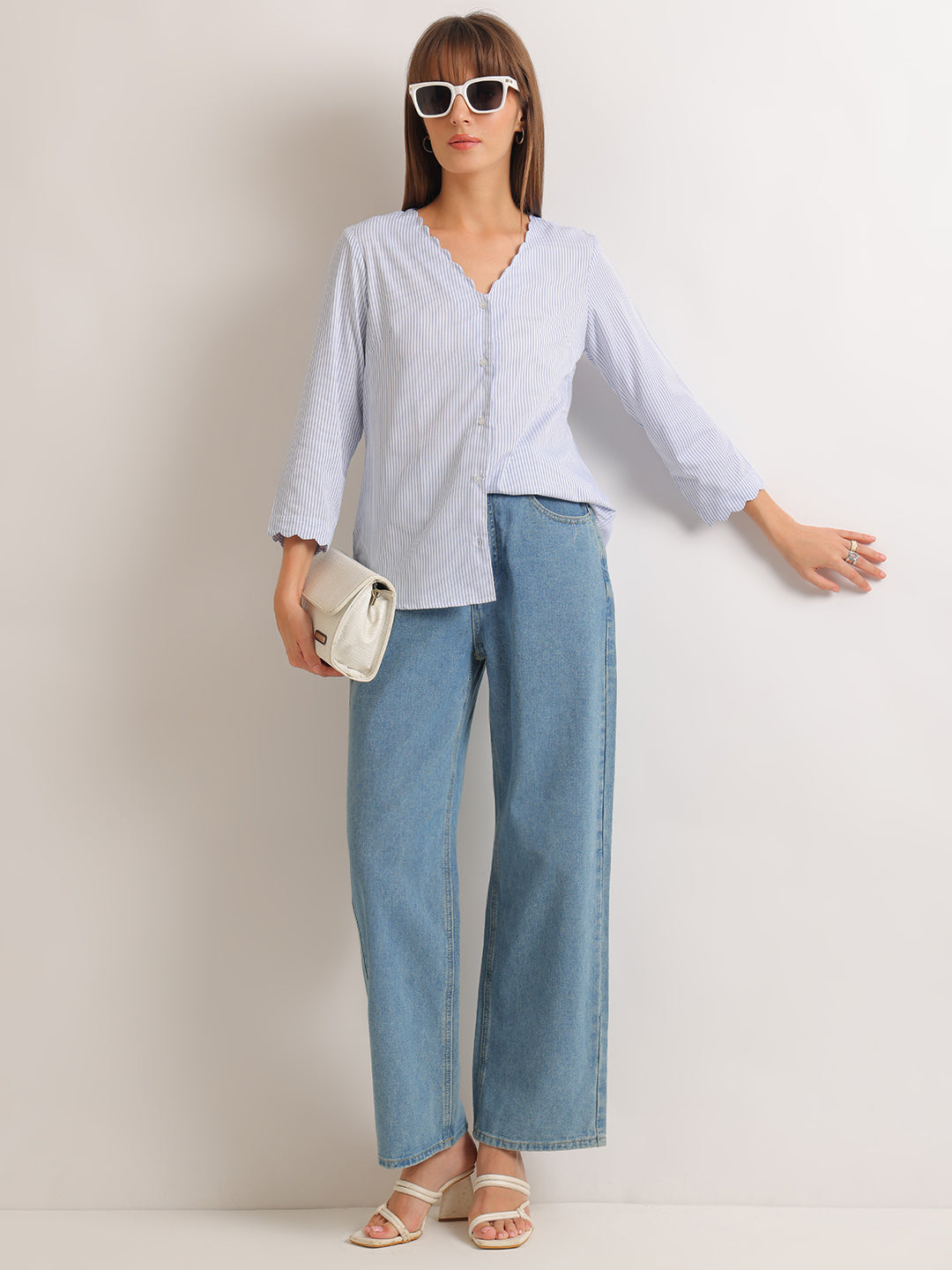 Hancock   Women   White & Blue   Stripes   Pure Cotton   Regular Fit   Formal   Shirt
