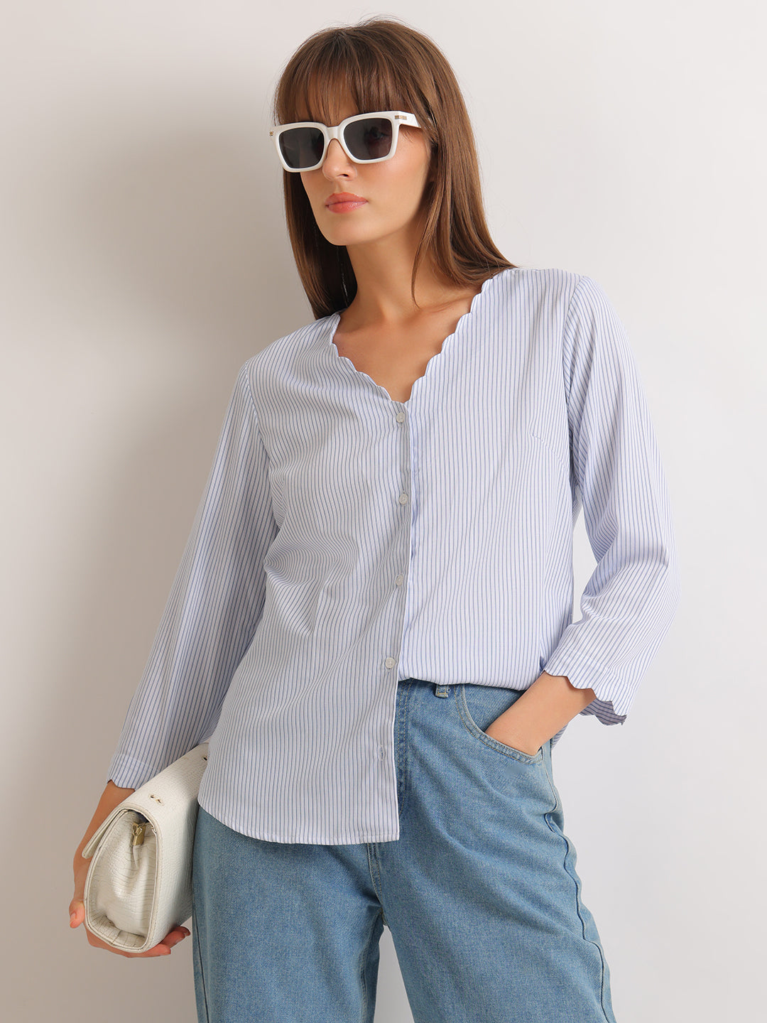 Hancock   Women   White & Blue   Stripes   Pure Cotton   Regular Fit   Formal   Shirt