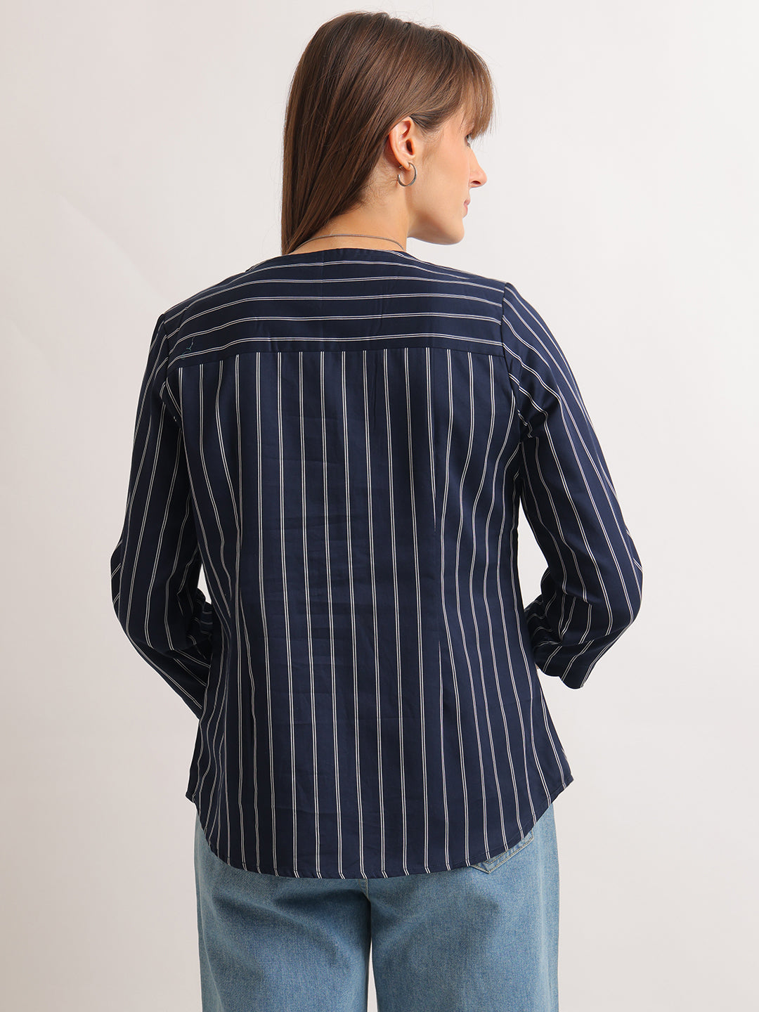 Hancock   Women   Navy Blue   Stripes   Pure Cotton   Regular Fit   Formal   Shirt