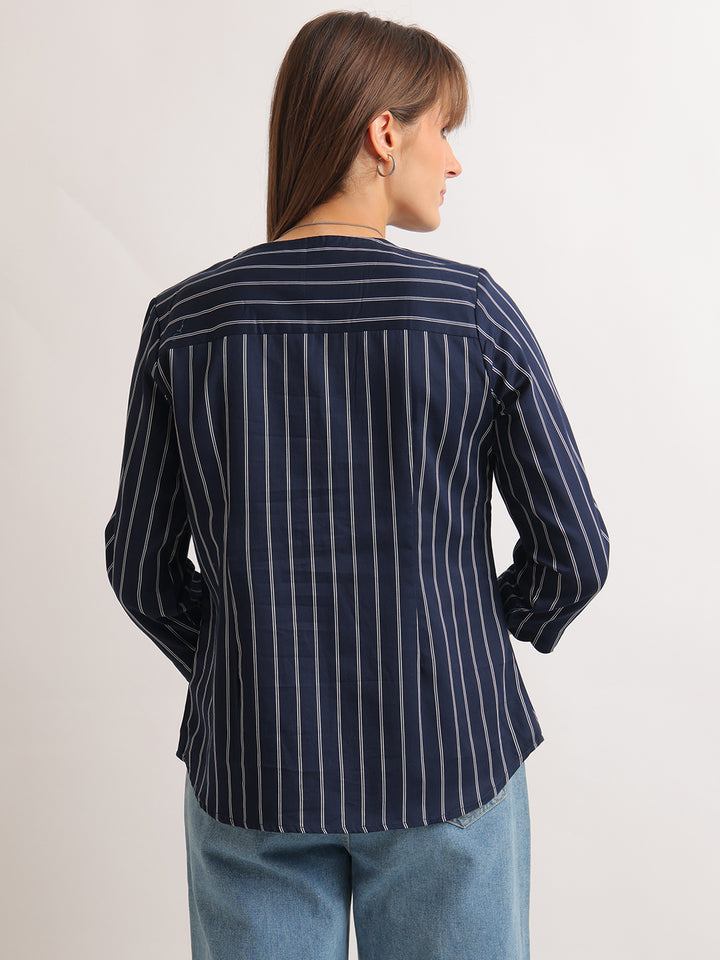 Hancock   Women   Navy Blue   Stripes   Pure Cotton   Regular Fit   Formal   Shirt