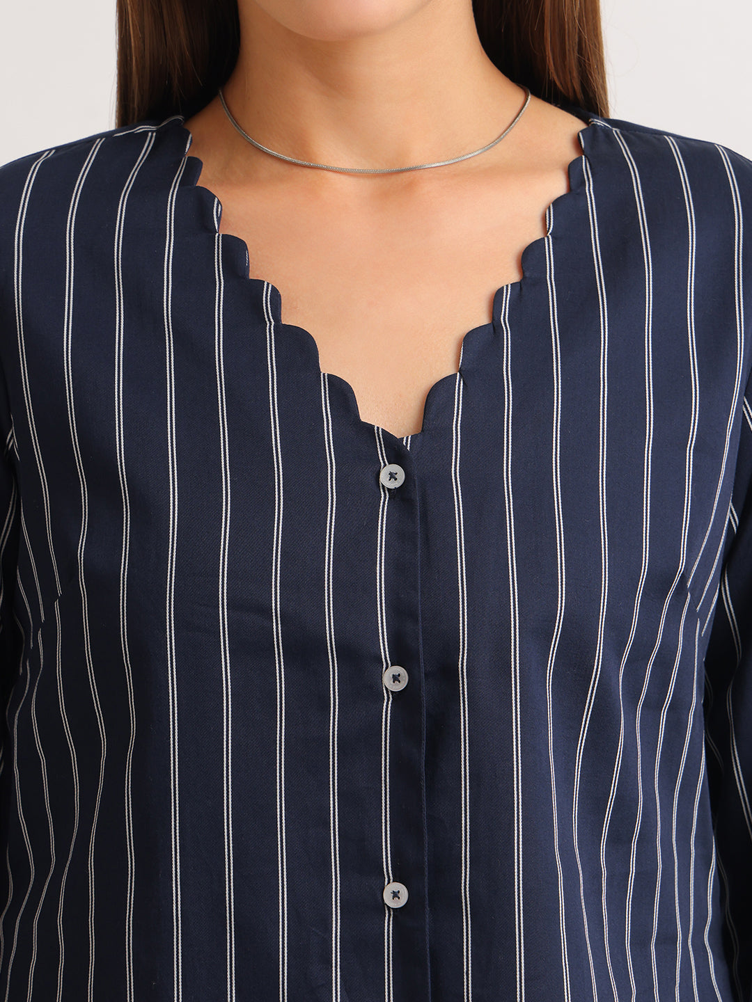 Hancock   Women   Navy Blue   Stripes   Pure Cotton   Regular Fit   Formal   Shirt