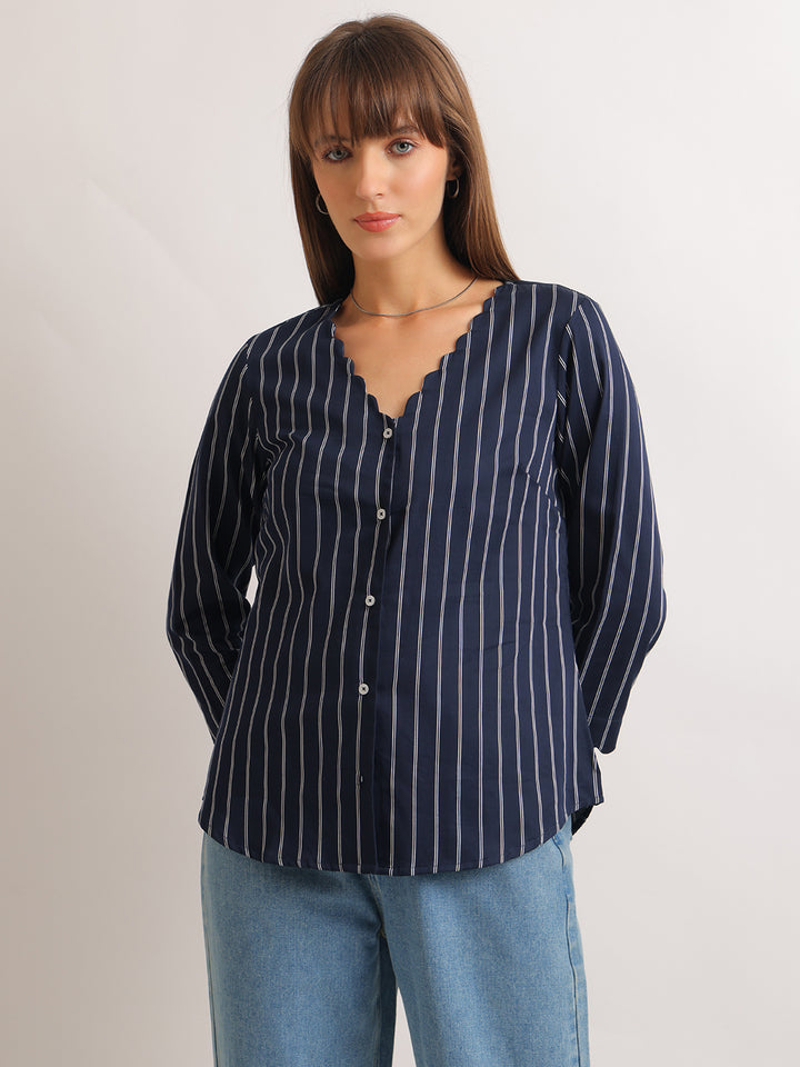 Hancock   Women   Navy Blue   Stripes   Pure Cotton   Regular Fit   Formal   Shirt