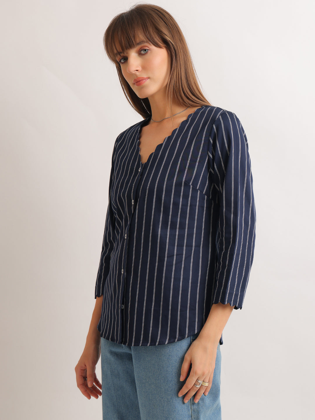 Hancock   Women   Navy Blue   Stripes   Pure Cotton   Regular Fit   Formal   Shirt