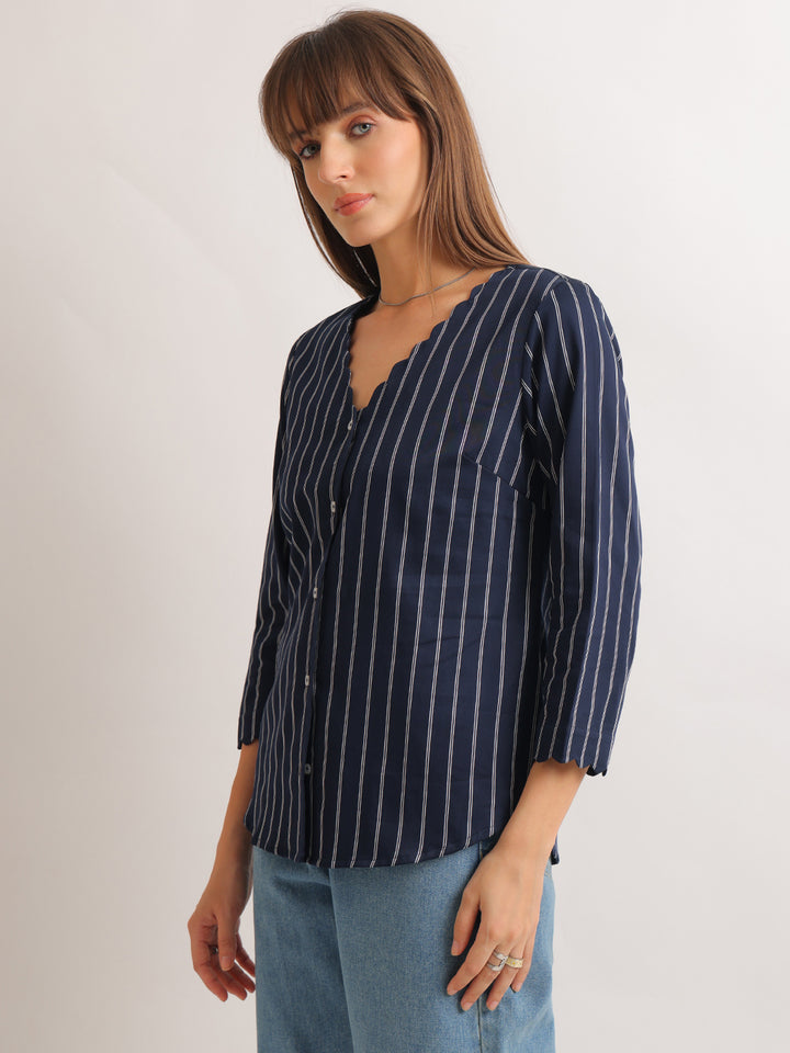 Hancock   Women   Navy Blue   Stripes   Pure Cotton   Regular Fit   Formal   Shirt