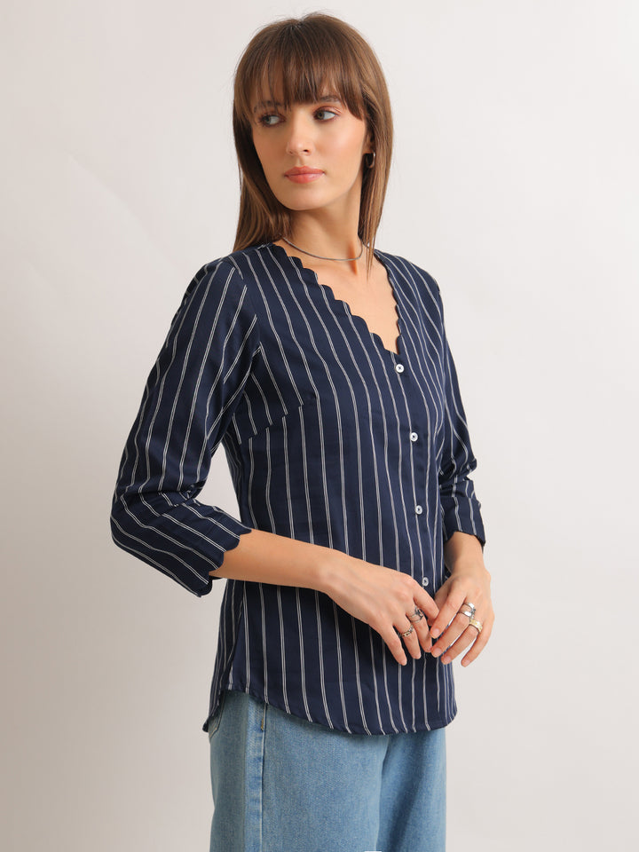 Hancock   Women   Navy Blue   Stripes   Pure Cotton   Regular Fit   Formal   Shirt