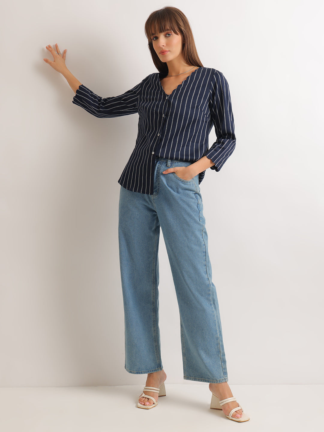 Hancock   Women   Navy Blue   Stripes   Pure Cotton   Regular Fit   Formal   Shirt