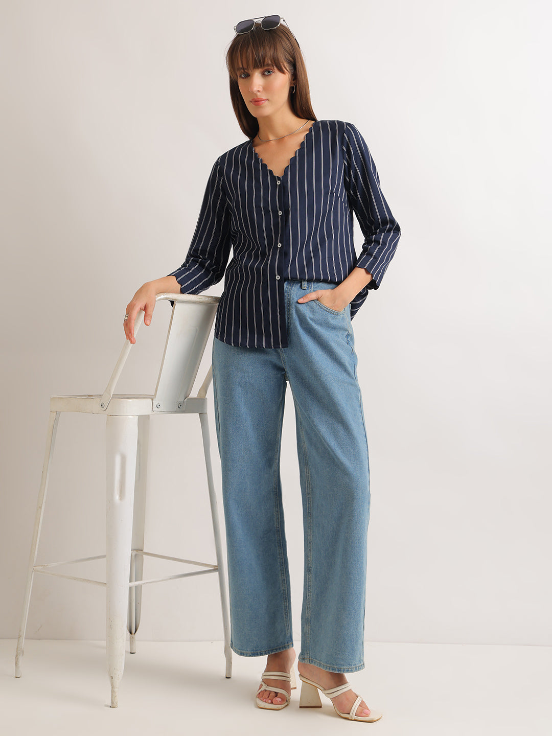 Hancock   Women   Navy Blue   Stripes   Pure Cotton   Regular Fit   Formal   Shirt