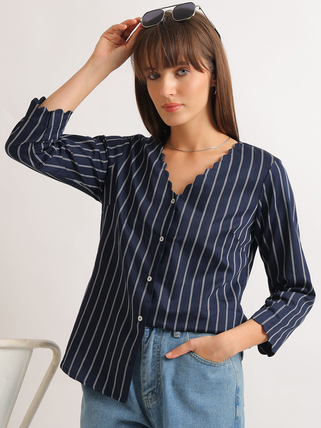Hancock   Women   Navy Blue   Stripes   Pure Cotton   Regular Fit   Formal   Shirt