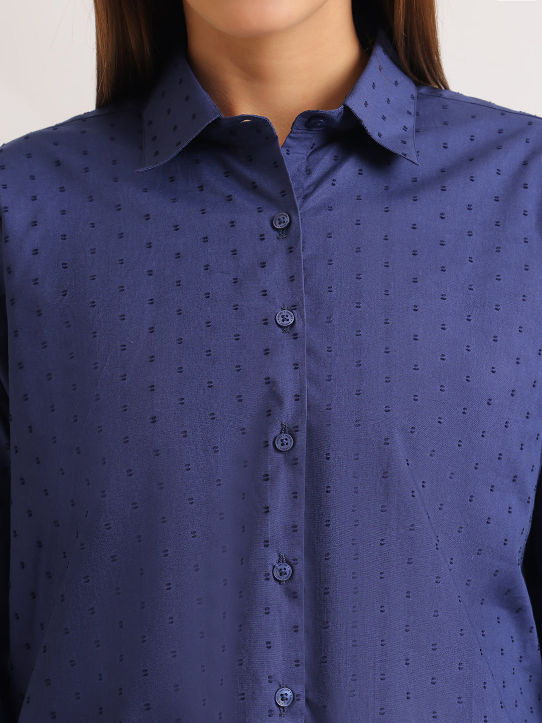 Hancock   Women   Royal Blue   Solid Self Design   Pure Cotton   Relaxed Fit   Casual   Shirt