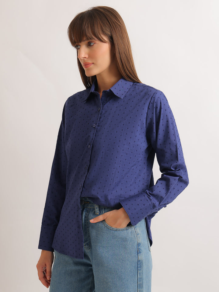 Hancock   Women   Royal Blue   Solid Self Design   Pure Cotton   Relaxed Fit   Casual   Shirt