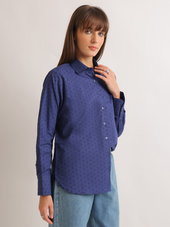 Hancock   Women   Royal Blue   Solid Self Design   Pure Cotton   Relaxed Fit   Casual   Shirt