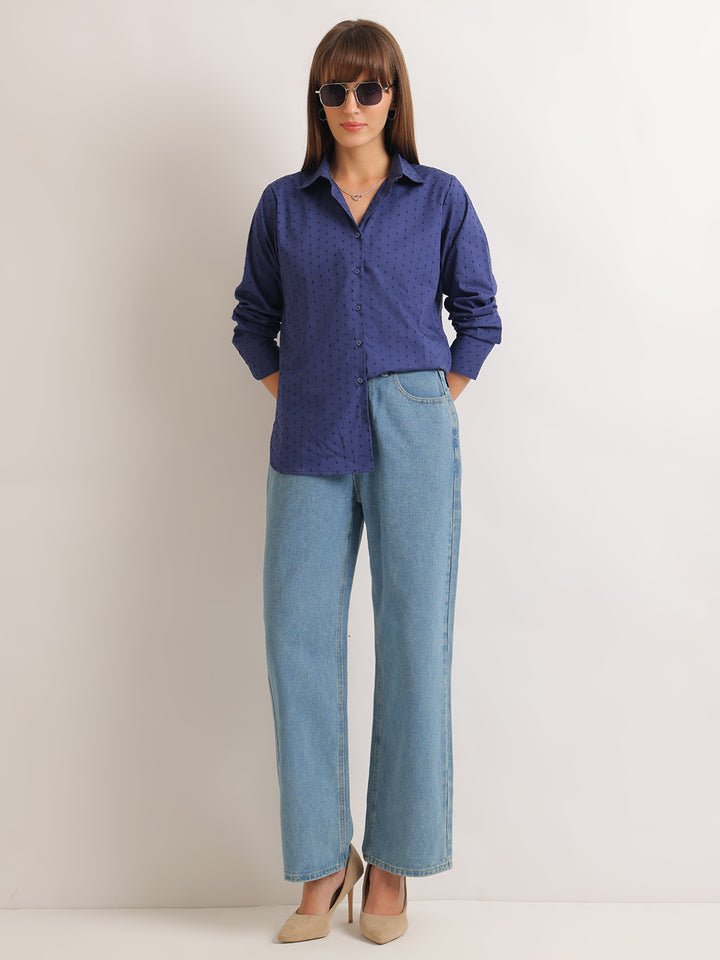 Hancock   Women   Royal Blue   Solid Self Design   Pure Cotton   Relaxed Fit   Casual   Shirt