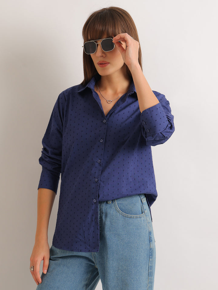 Hancock   Women   Royal Blue   Solid Self Design   Pure Cotton   Relaxed Fit   Casual   Shirt