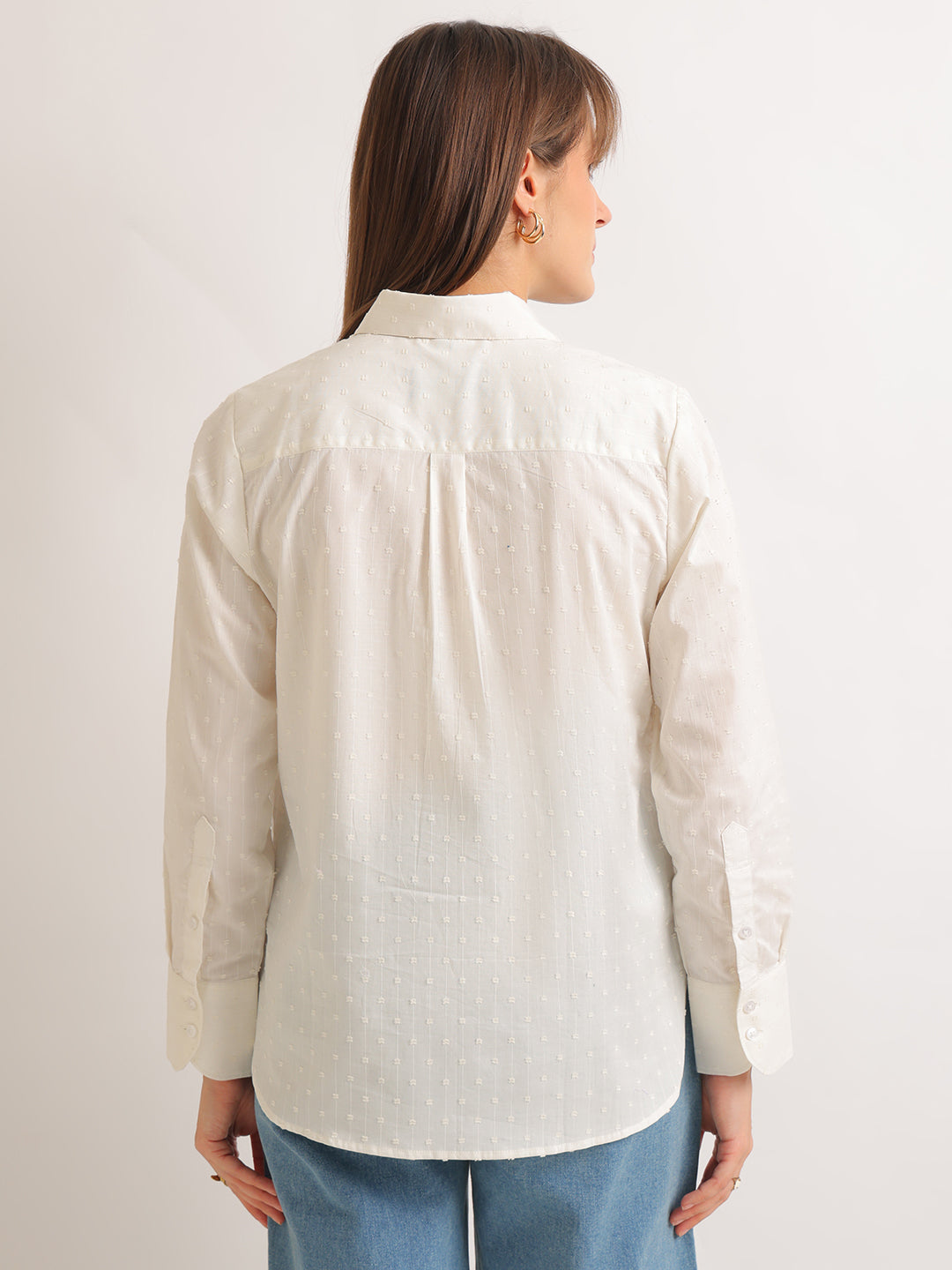 Hancock   Women   White   Solid Self Design   Pure Cotton   Relaxed Fit   Casual   Shirt
