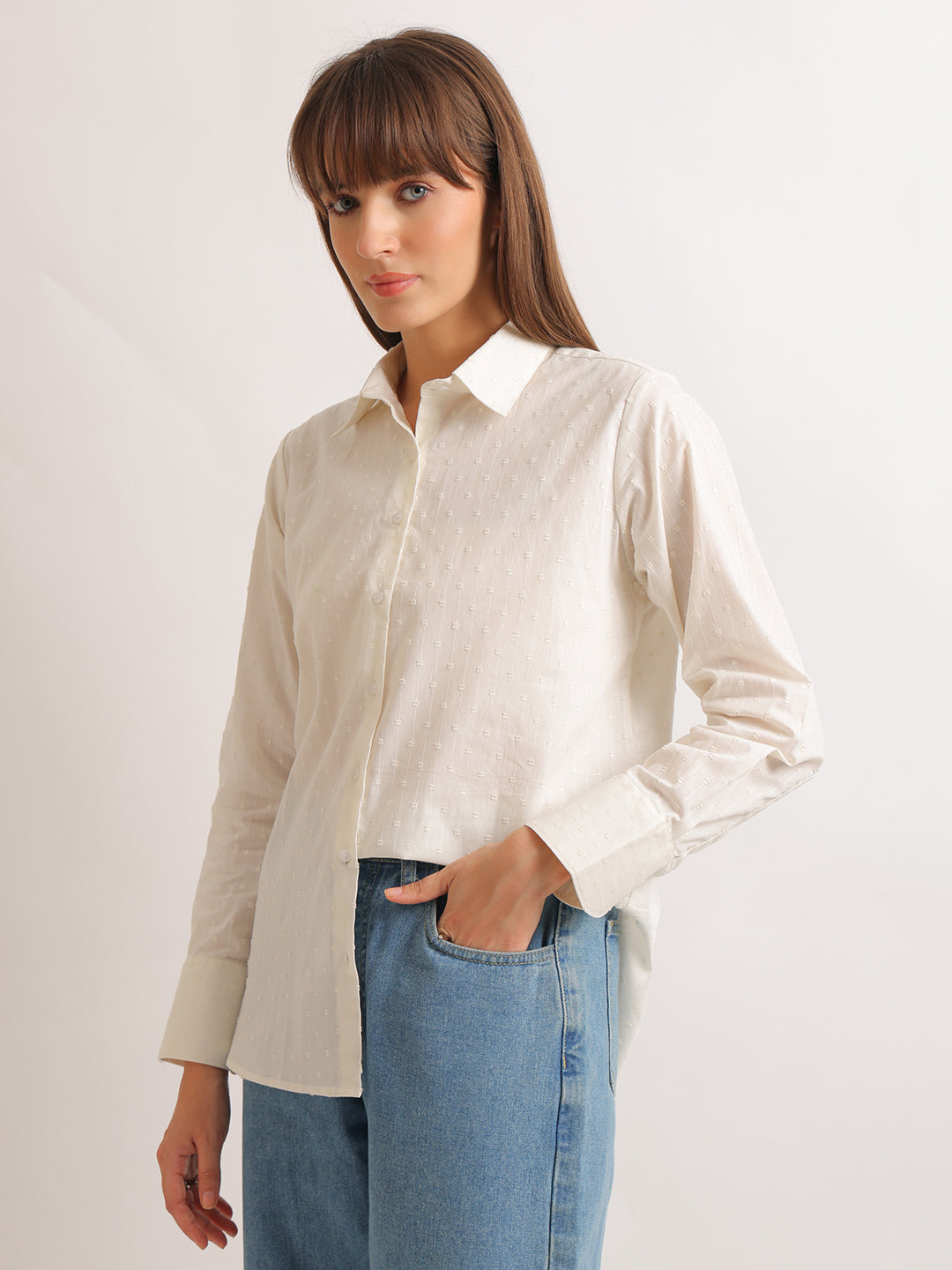 Hancock   Women   White   Solid Self Design   Pure Cotton   Relaxed Fit   Casual   Shirt