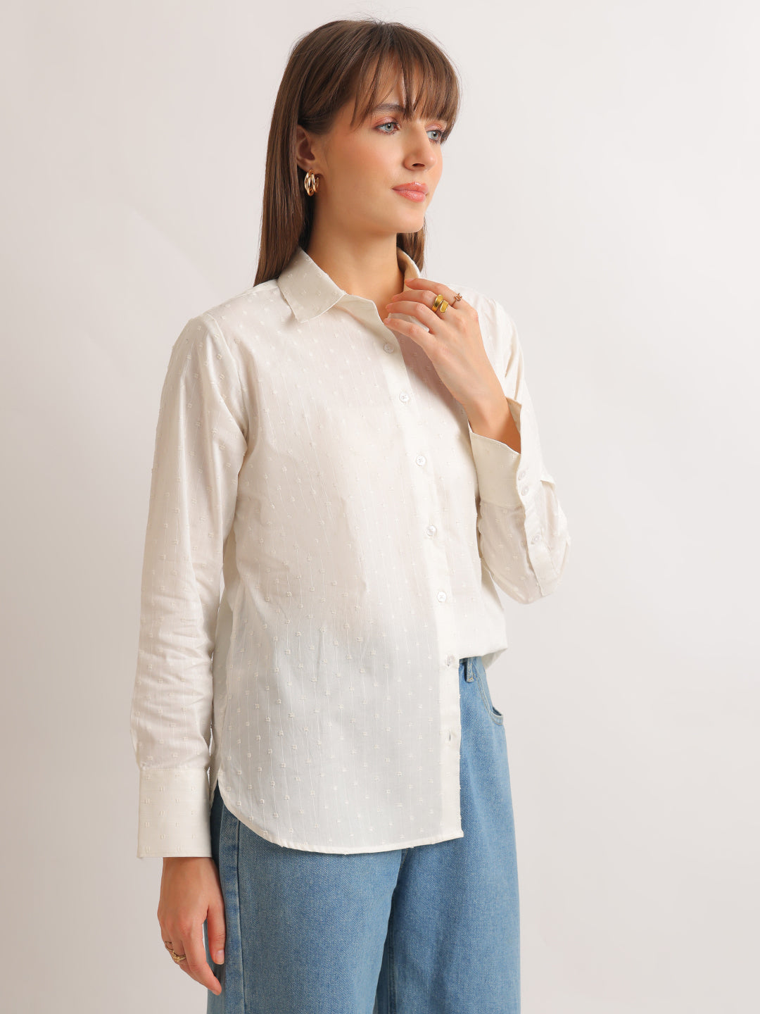 Hancock   Women   White   Solid Self Design   Pure Cotton   Relaxed Fit   Casual   Shirt