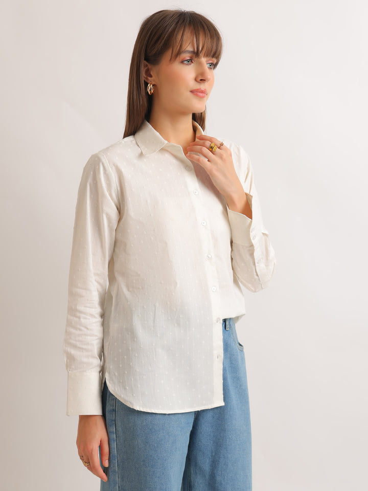 Hancock   Women   White   Solid Self Design   Pure Cotton   Relaxed Fit   Casual   Shirt