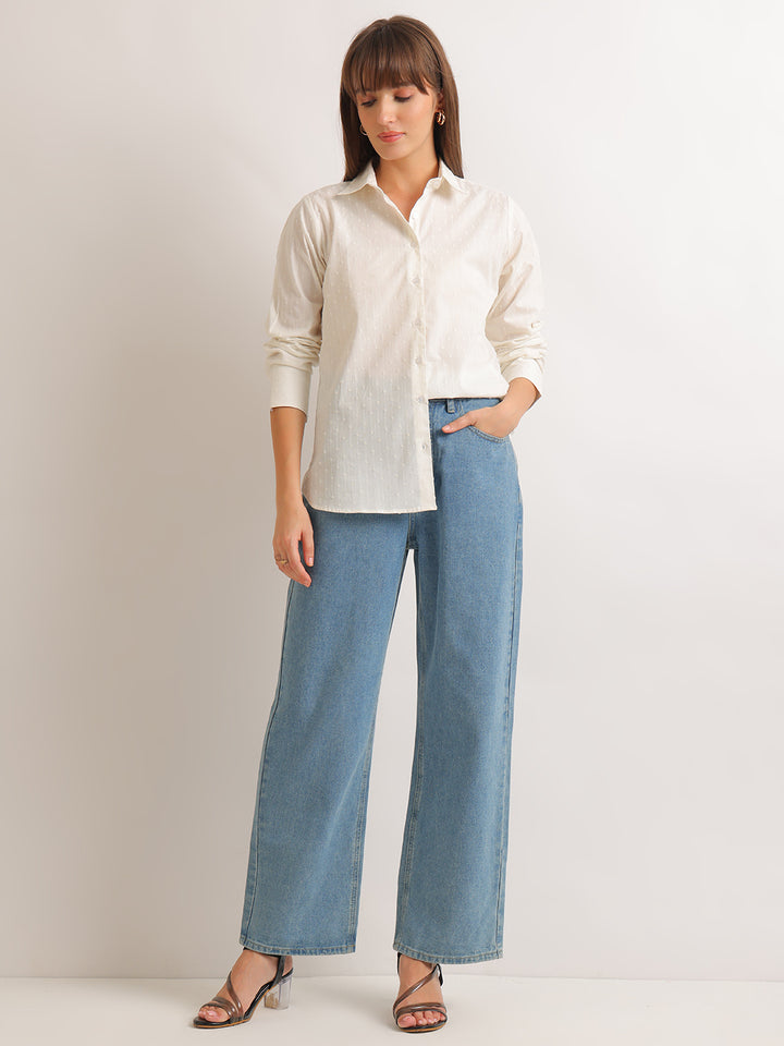 Hancock   Women   White   Solid Self Design   Pure Cotton   Relaxed Fit   Casual   Shirt