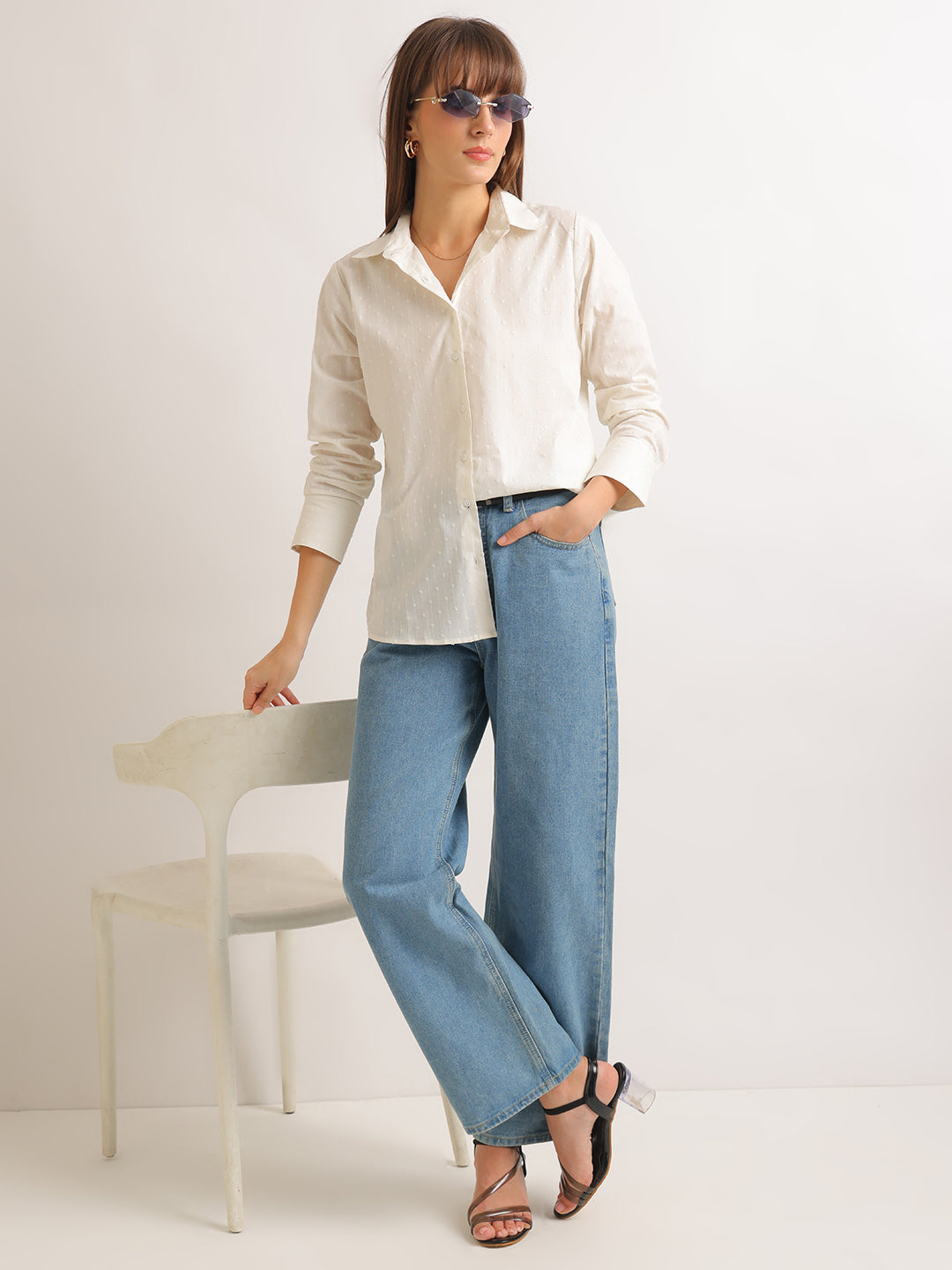 Hancock   Women   White   Solid Self Design   Pure Cotton   Relaxed Fit   Casual   Shirt