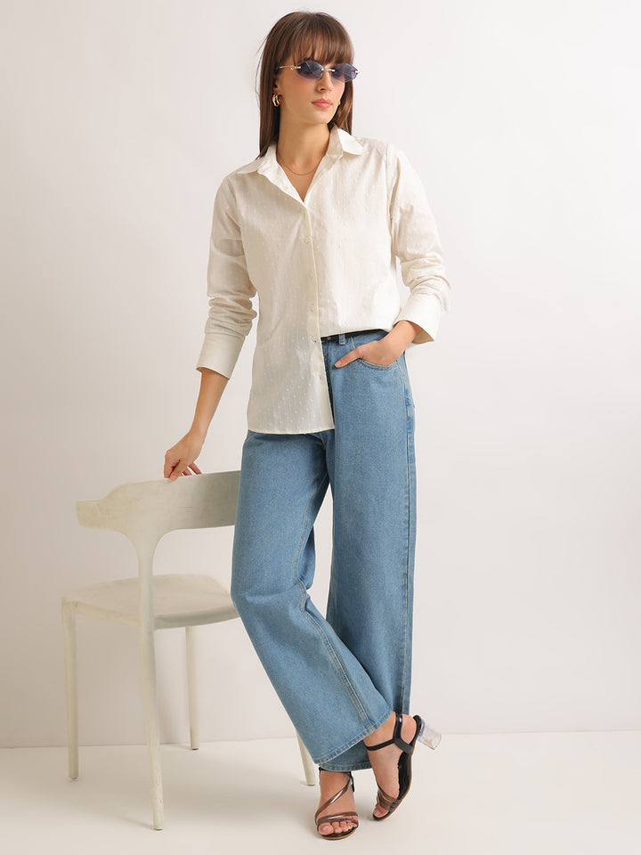 Hancock   Women   White   Solid Self Design   Pure Cotton   Relaxed Fit   Casual   Shirt