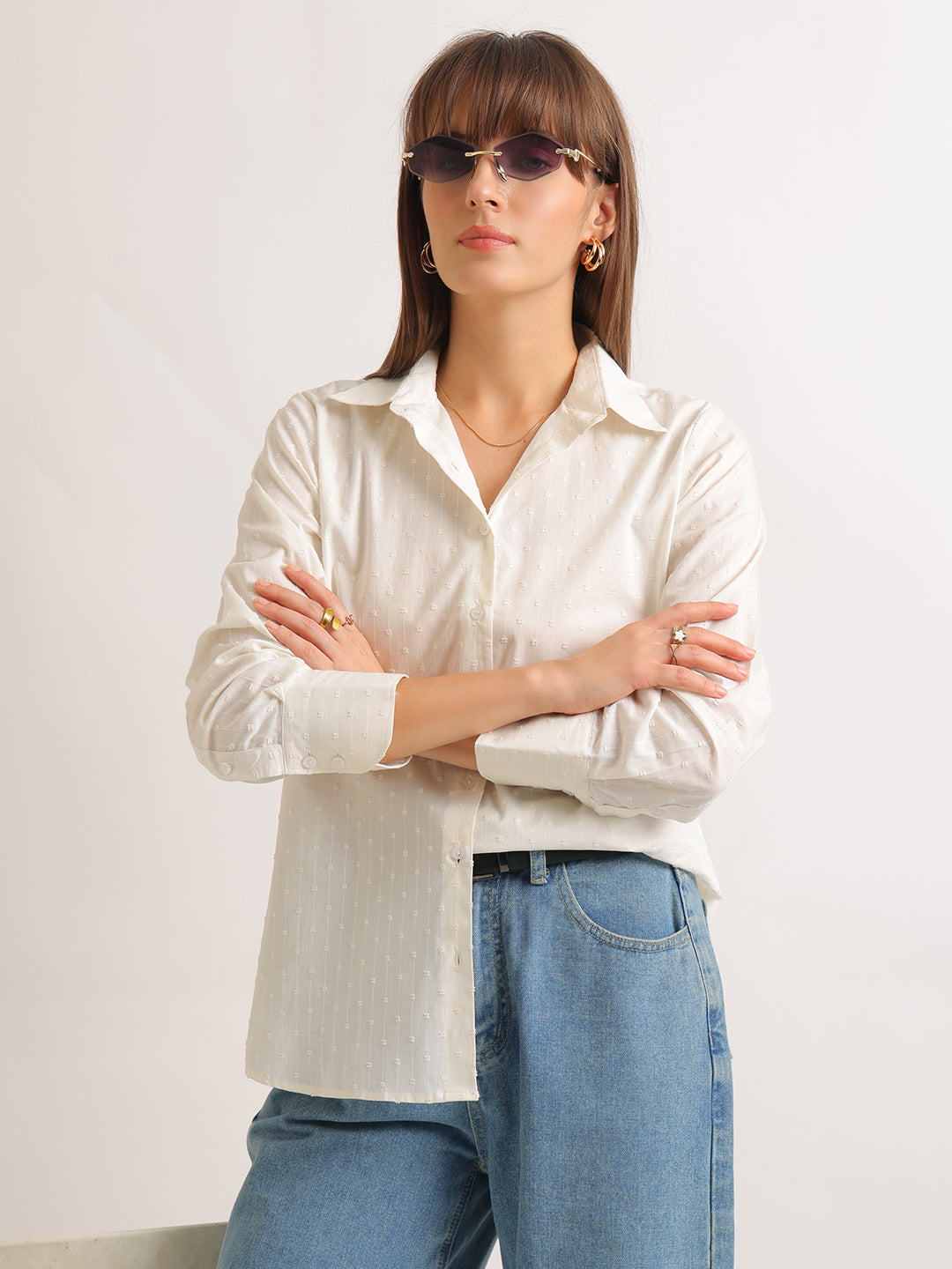 Hancock   Women   White   Solid Self Design   Pure Cotton   Relaxed Fit   Casual   Shirt