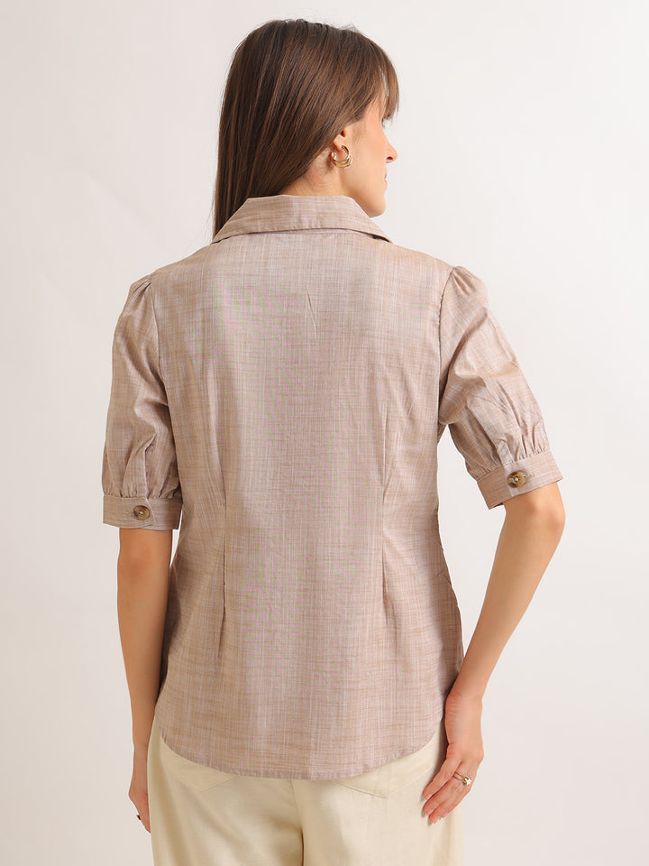 Hancock   Women   Sand Beige   Solid Self Design   Cotton Elastane   Regular Fit   Formal   Shirt