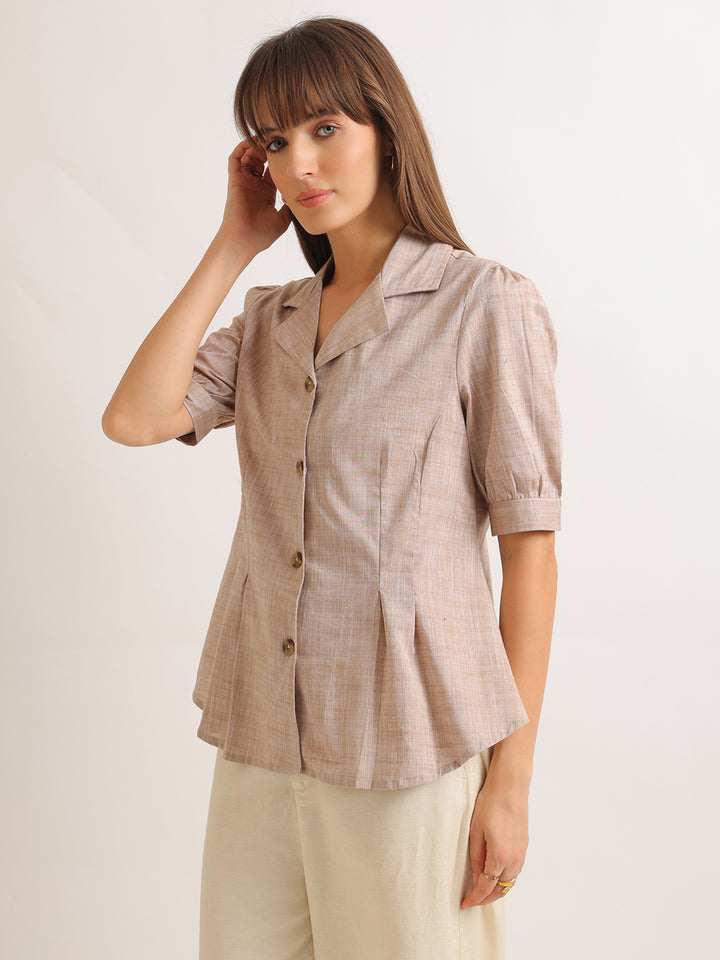 Hancock   Women   Sand Beige   Solid Self Design   Cotton Elastane   Regular Fit   Formal   Shirt