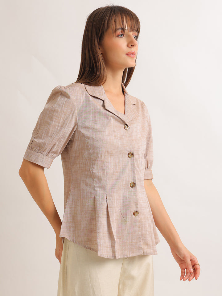 Hancock   Women   Sand Beige   Solid Self Design   Cotton Elastane   Regular Fit   Formal   Shirt