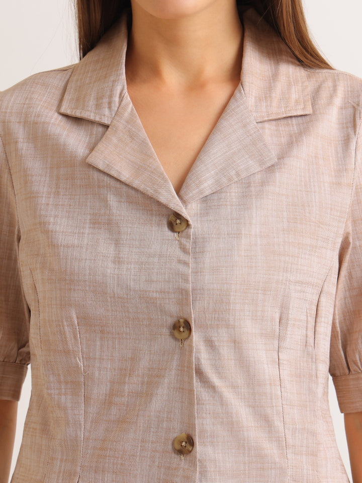Hancock   Women   Sand Beige   Solid Self Design   Cotton Elastane   Regular Fit   Formal   Shirt