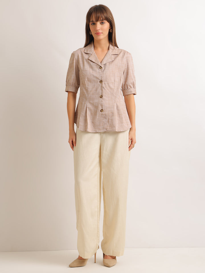 Hancock   Women   Sand Beige   Solid Self Design   Cotton Elastane   Regular Fit   Formal   Shirt