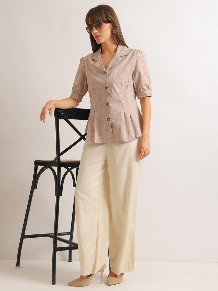 Hancock   Women   Sand Beige   Solid Self Design   Cotton Elastane   Regular Fit   Formal   Shirt