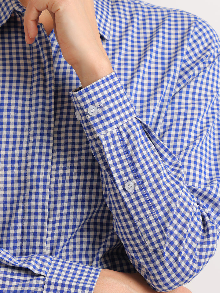 Hancock   Women   White & Blue   Checks   Pure Cotton   Regular Fit   Formal   Shirt