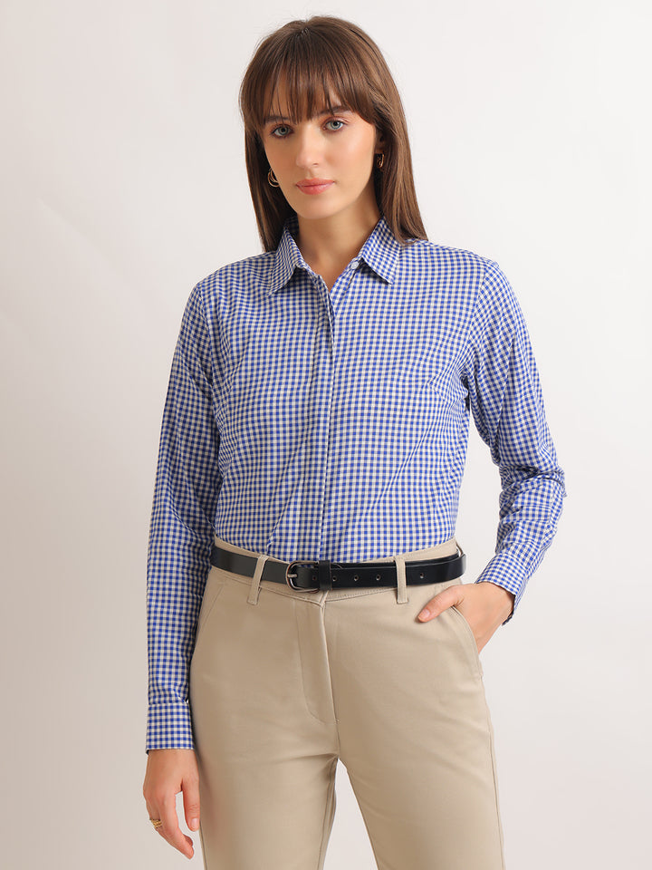 Hancock   Women   White & Blue   Checks   Pure Cotton   Regular Fit   Formal   Shirt