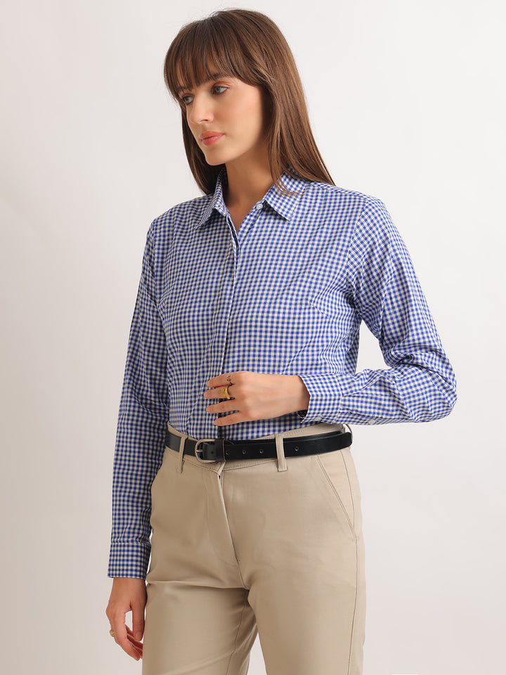 Hancock   Women   White & Blue   Checks   Pure Cotton   Regular Fit   Formal   Shirt