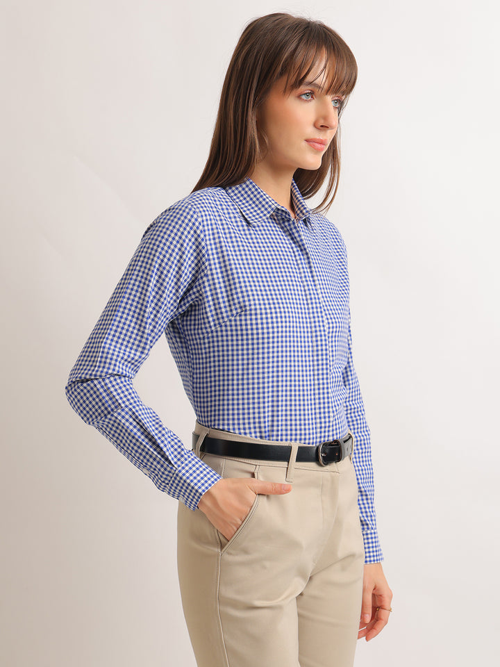 Hancock   Women   White & Blue   Checks   Pure Cotton   Regular Fit   Formal   Shirt