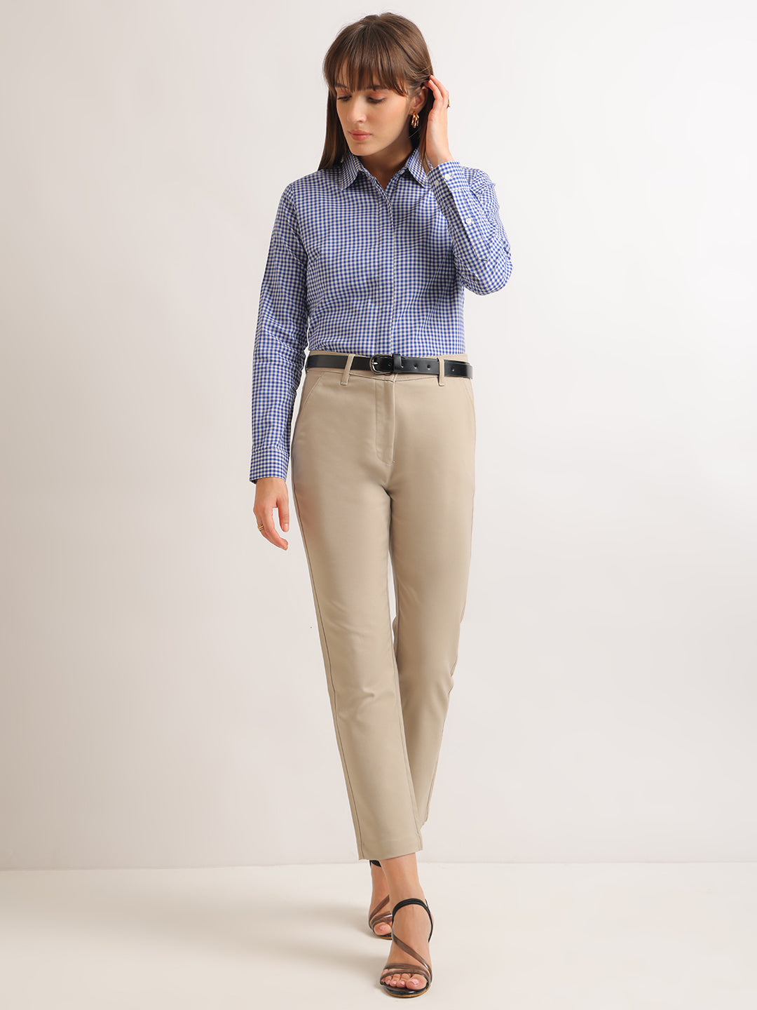 Hancock   Women   White & Blue   Checks   Pure Cotton   Regular Fit   Formal   Shirt