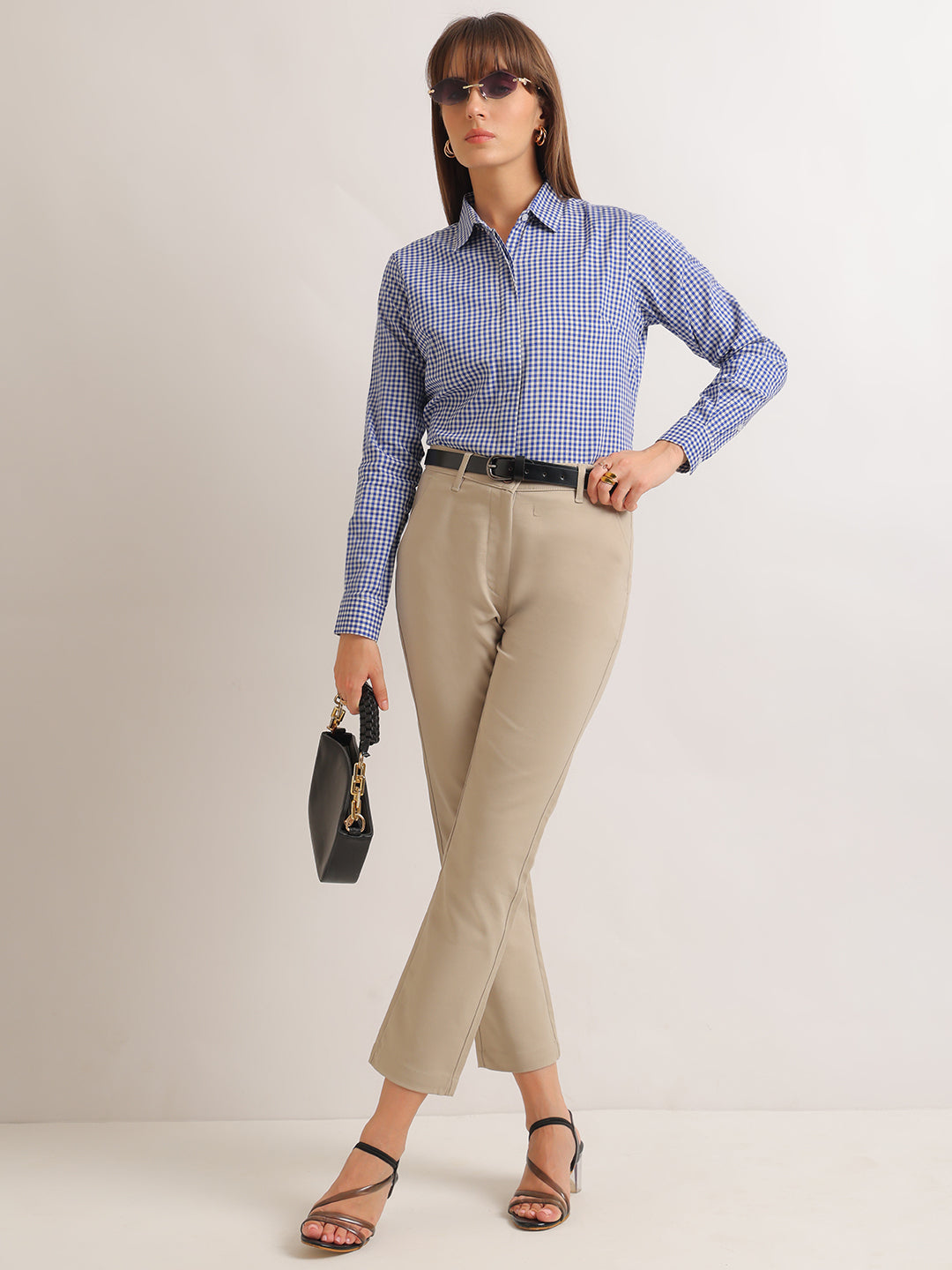 Hancock   Women   White & Blue   Checks   Pure Cotton   Regular Fit   Formal   Shirt