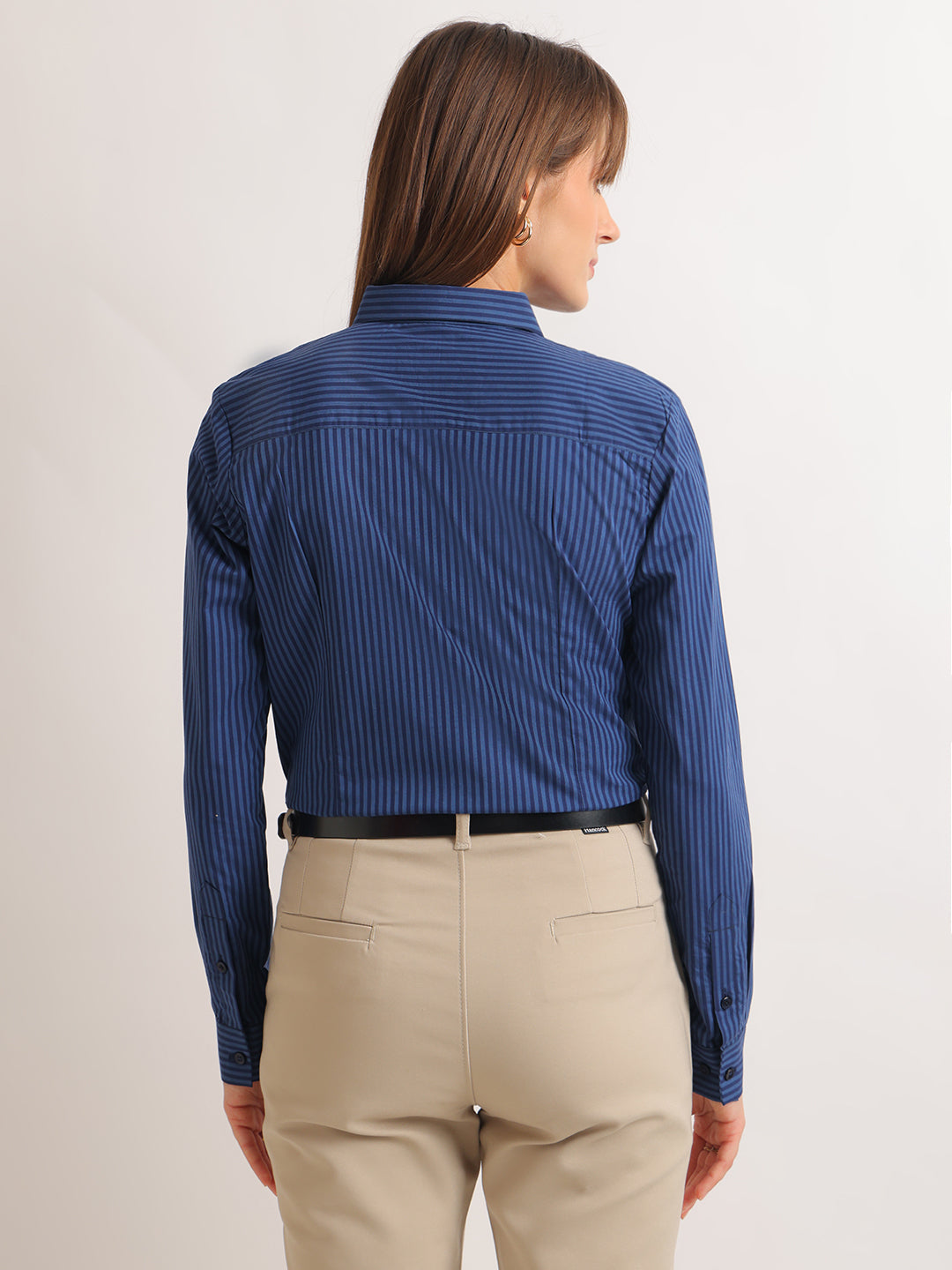 Hancock   Women   Blue & Navy Blue   Stripes   Pure Cotton   Regular Fit   Formal   Shirt