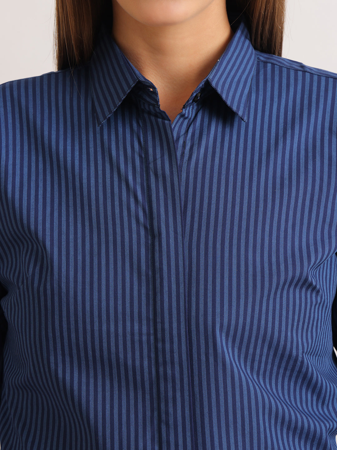 Hancock   Women   Blue & Navy Blue   Stripes   Pure Cotton   Regular Fit   Formal   Shirt