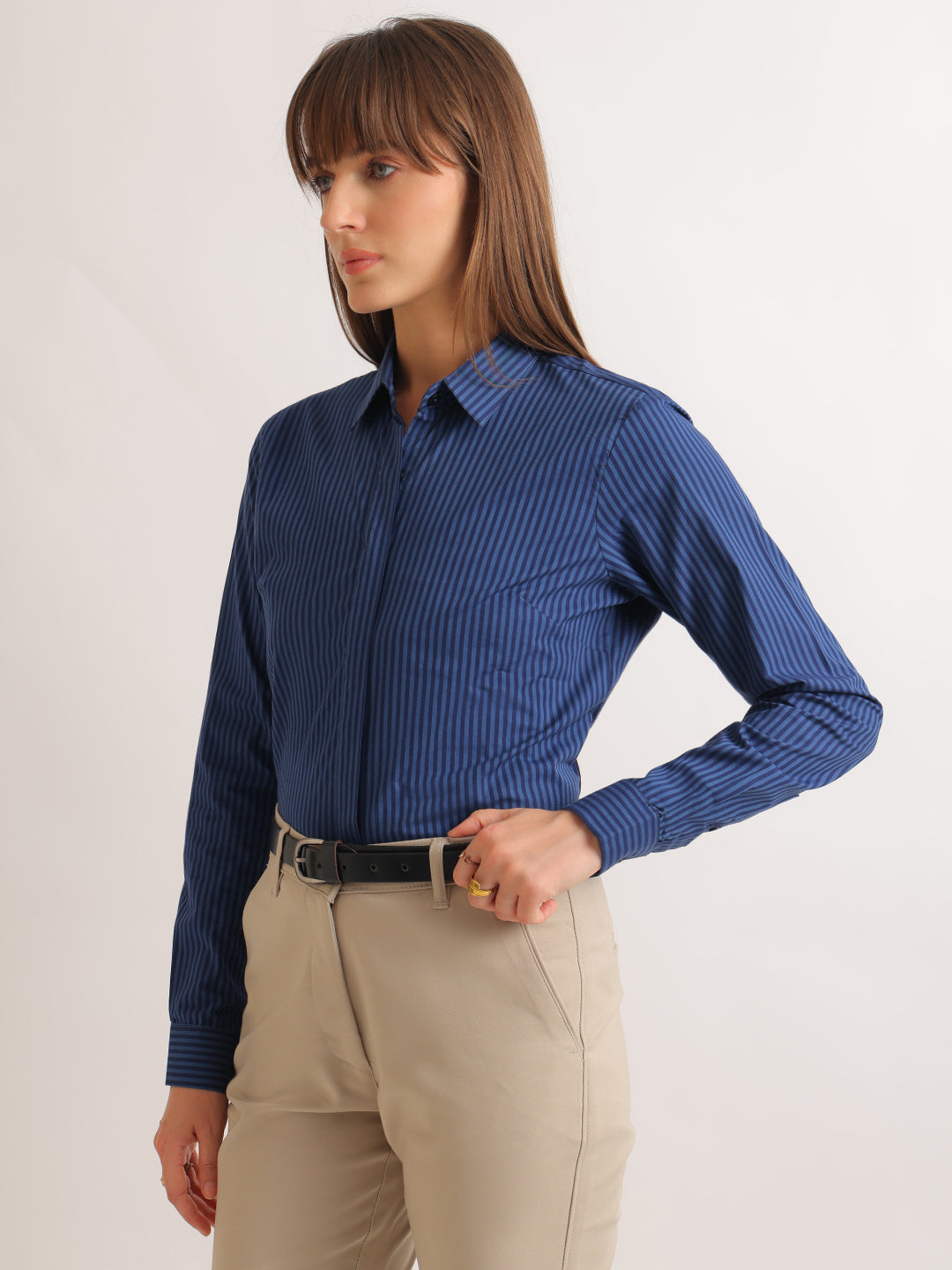 Hancock   Women   Blue & Navy Blue   Stripes   Pure Cotton   Regular Fit   Formal   Shirt