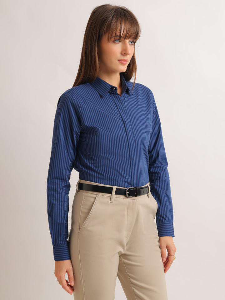 Hancock   Women   Blue & Navy Blue   Stripes   Pure Cotton   Regular Fit   Formal   Shirt