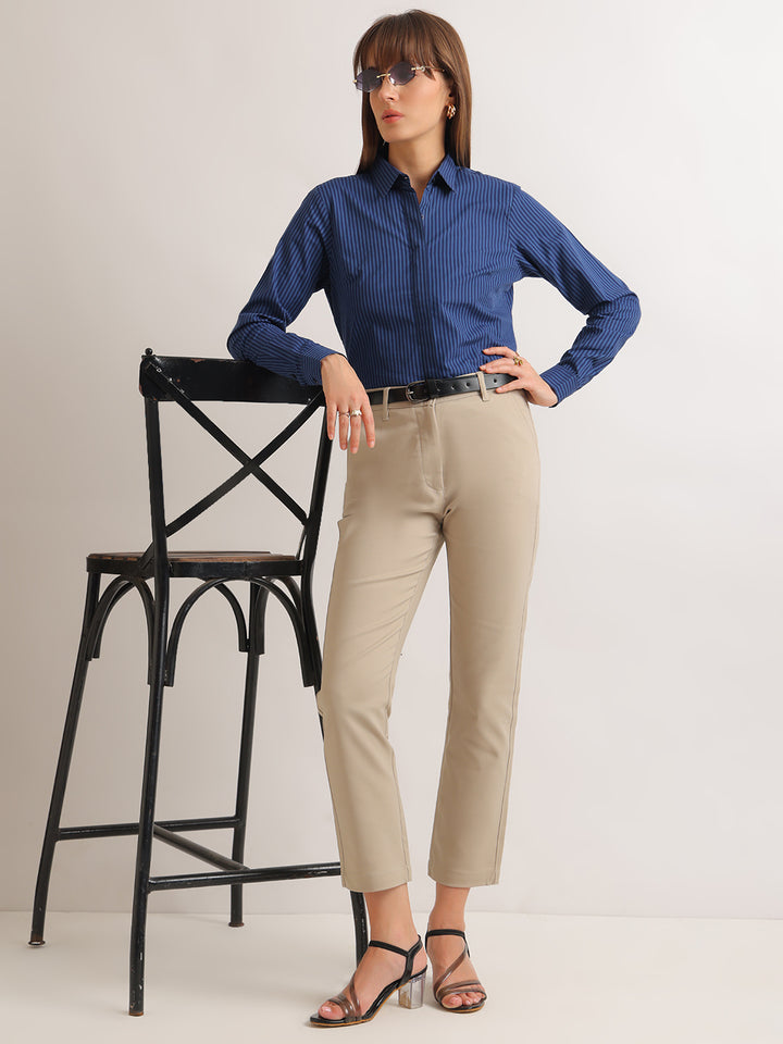 Hancock   Women   Blue & Navy Blue   Stripes   Pure Cotton   Regular Fit   Formal   Shirt