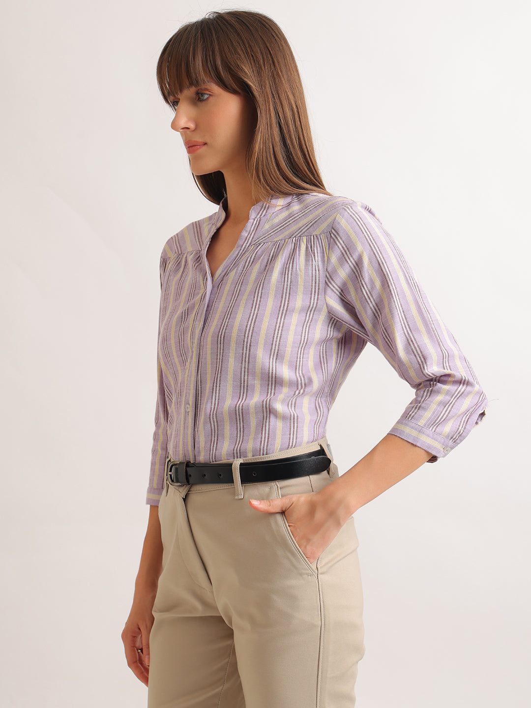 Hancock   Women   Purple   Stripes   Cotton Rich   Regular Fit   Formal   Shirt