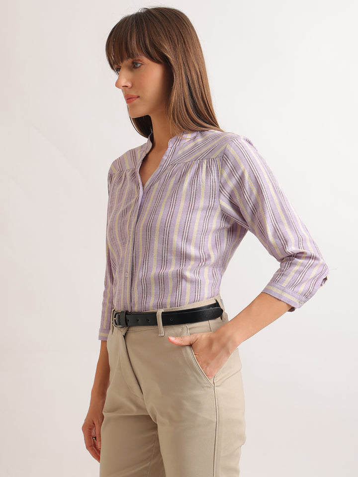 Hancock   Women   Purple   Stripes   Cotton Rich   Regular Fit   Formal   Shirt